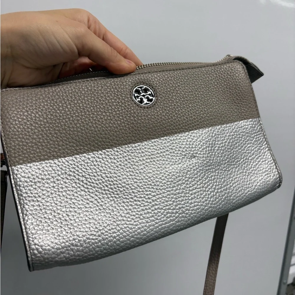 Tory Burch silver tan crossbody leather bag